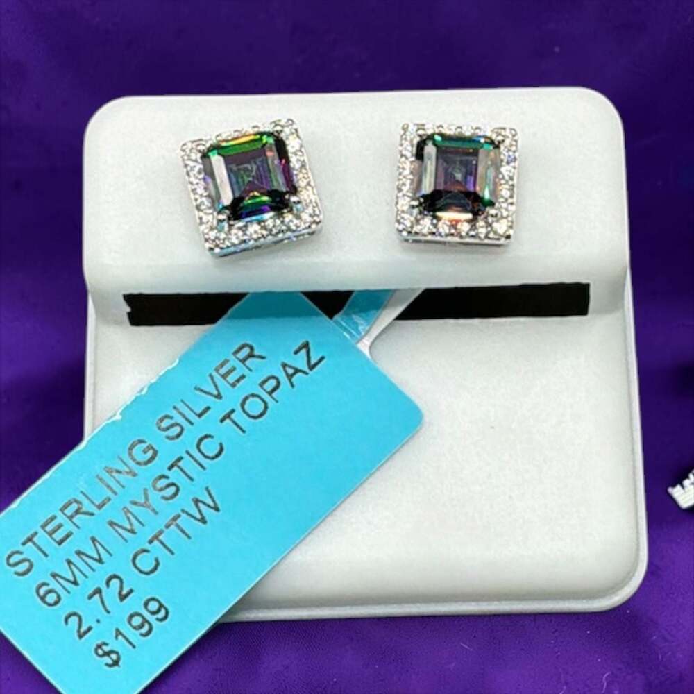 Mystic Topaz Square Cut Halo Stud Earrings 925 Sterling Silver